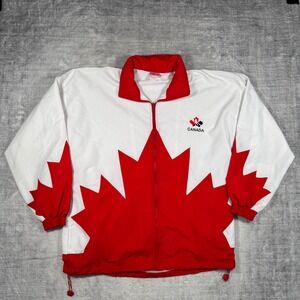 Team Canada Hockey Jacket Mens Large White Vintage Maple Leaf Olympic Full Zip